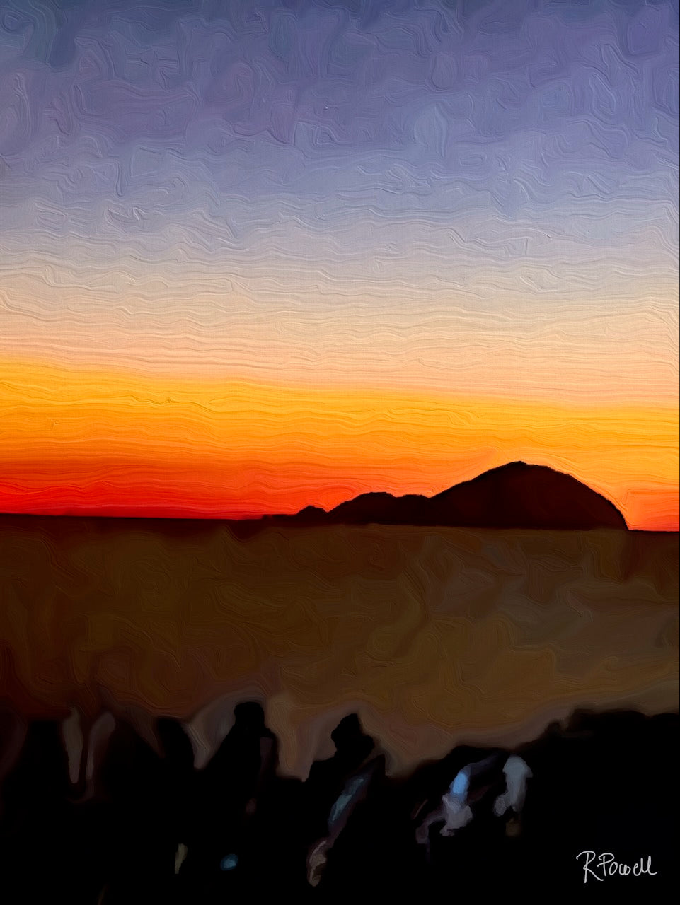 Island of Alicudi silhouetted against a glowing Sicilian sunset with orange and violet sky. Artwork by Rosalie Powell.