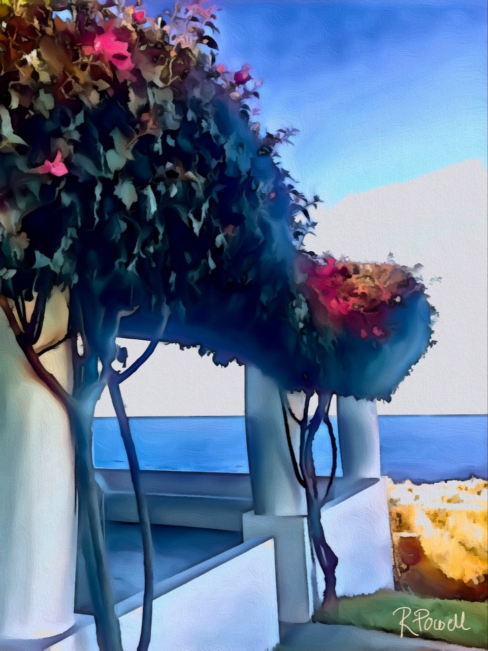 Bougainvillea-covered columns overlooking the sea on the island of Salina, Sicily. Artwork by Rosalie Powell.
