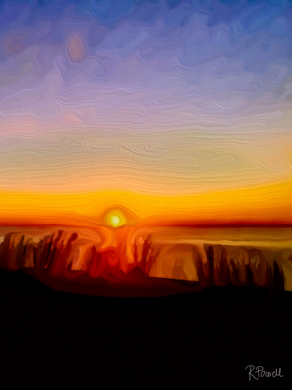 Golden sunset over the sea in Sicily, with silhouetted foliage and a glowing horizon. Artwork by Rosalie Powell.