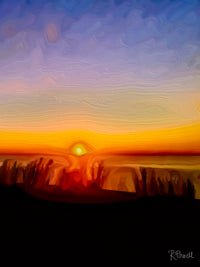 Golden sunset over the sea in Sicily, with silhouetted foliage and a glowing horizon. Artwork by Rosalie Powell.