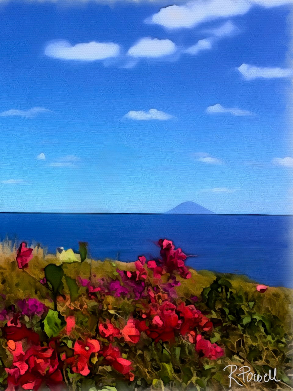 right bougainvillea in the foreground with the distant Stromboli volcano on the horizon over the sea. Artwork by Rosalie Powell.