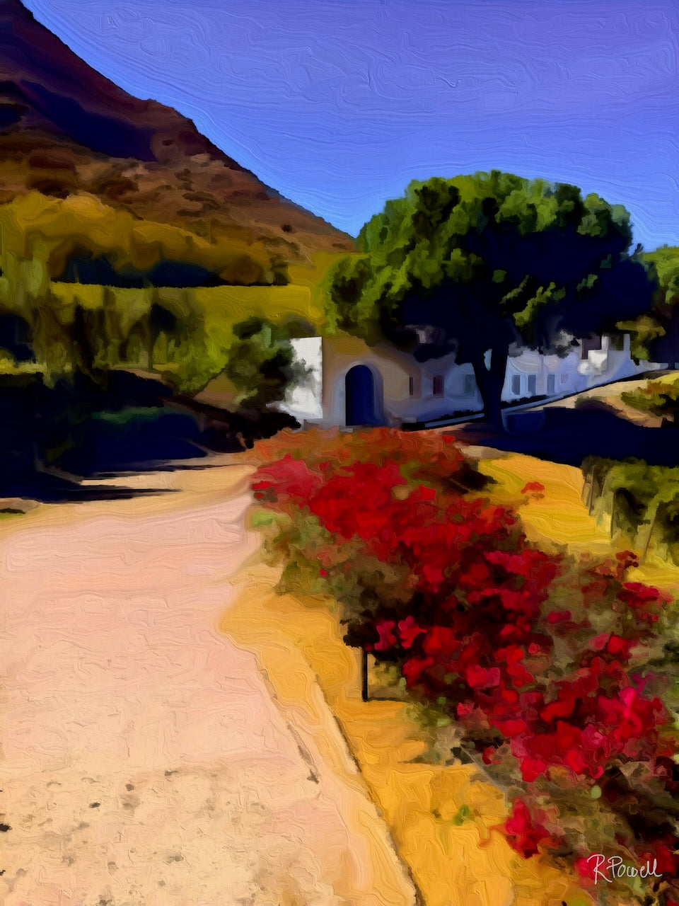 Bougainvillea-lined vineyard path leading to whitewashed buildings beneath the hills of Salina, Sicily. Artwork by Rosalie Powell.