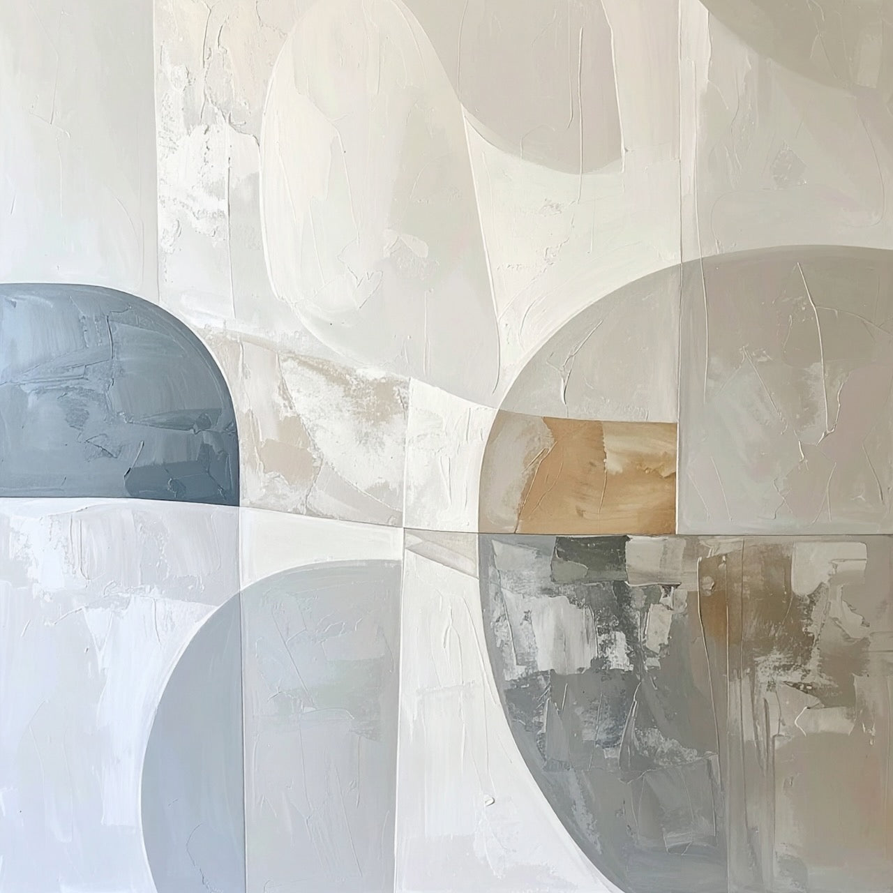 Calm Before the Storm by Rosalie Powell, contemporary abstract artwork featuring layered neutral tones, architectural forms and soft textured surfaces.