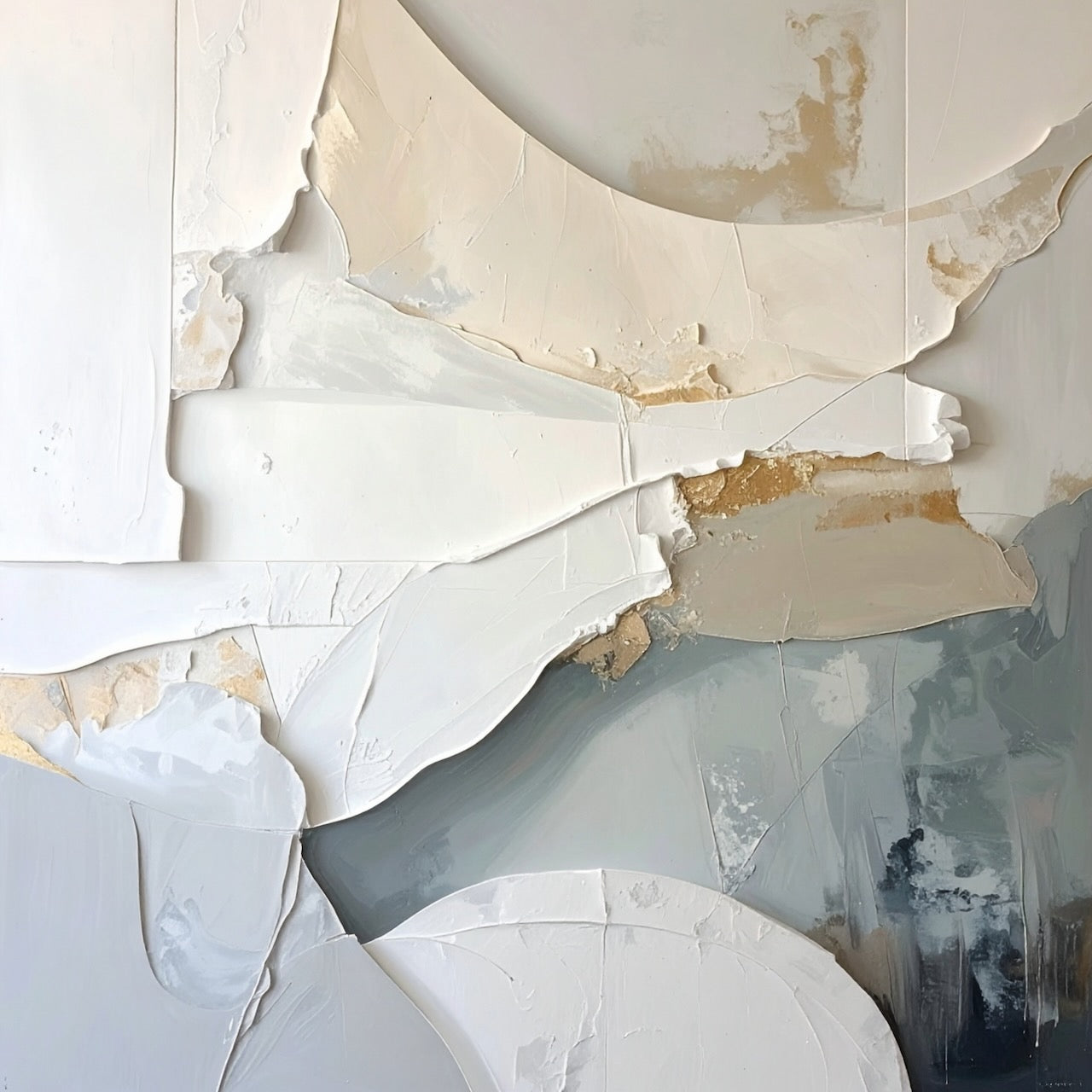Drift by Rosalie Powell, contemporary abstract artwork featuring flowing neutral forms, layered textures and sweeping architectural curves in ivory, stone and charcoal tones.