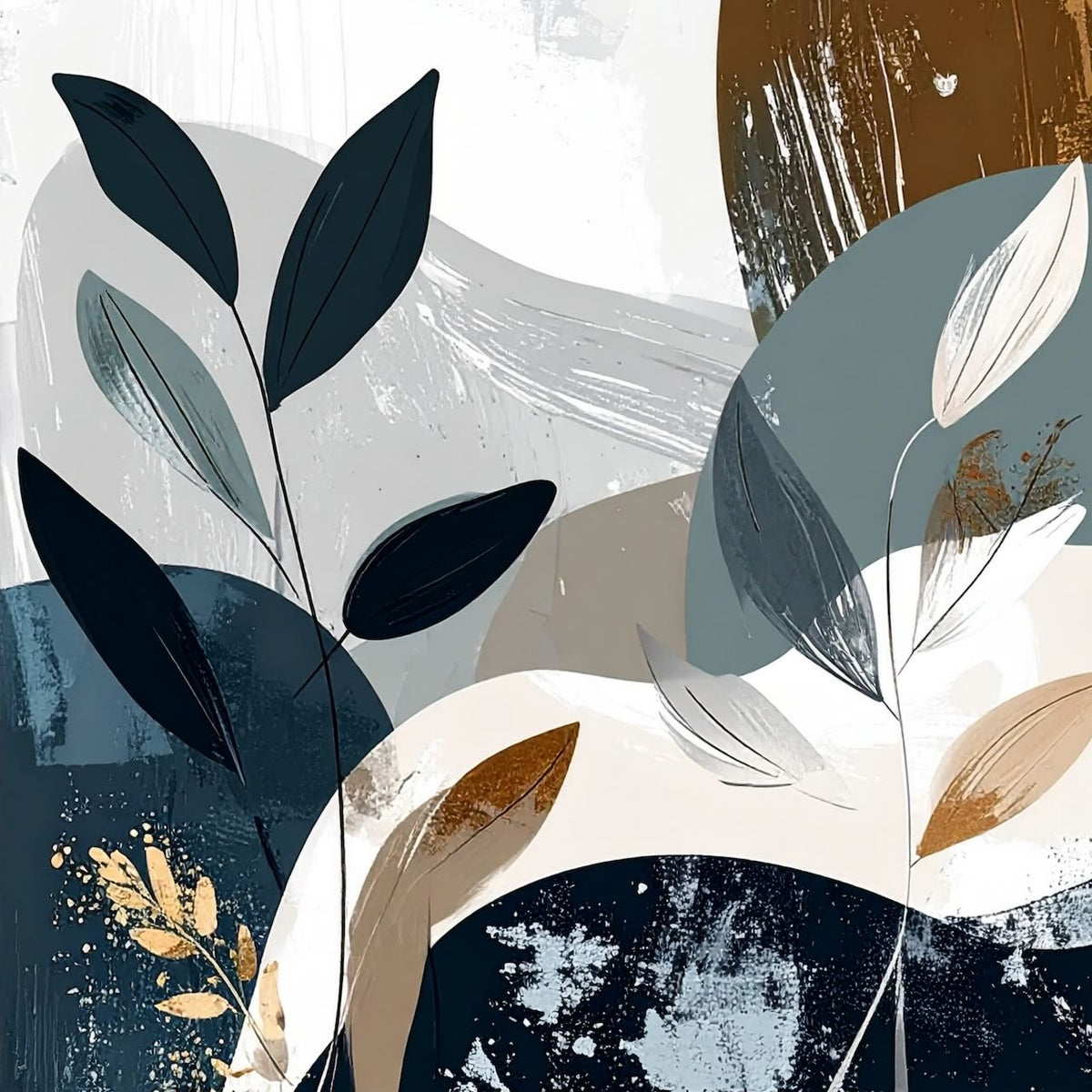 Dusting of Gold by Rosalie Powell, contemporary botanical artwork featuring layered beige tones, delicate foliage and soft gold accents in a refined abstract composition.