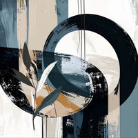 Eclipse Garden by Rosalie Powell, contemporary botanical abstract artwork featuring layered navy and ivory forms, delicate foliage and a luminous circular focal point.