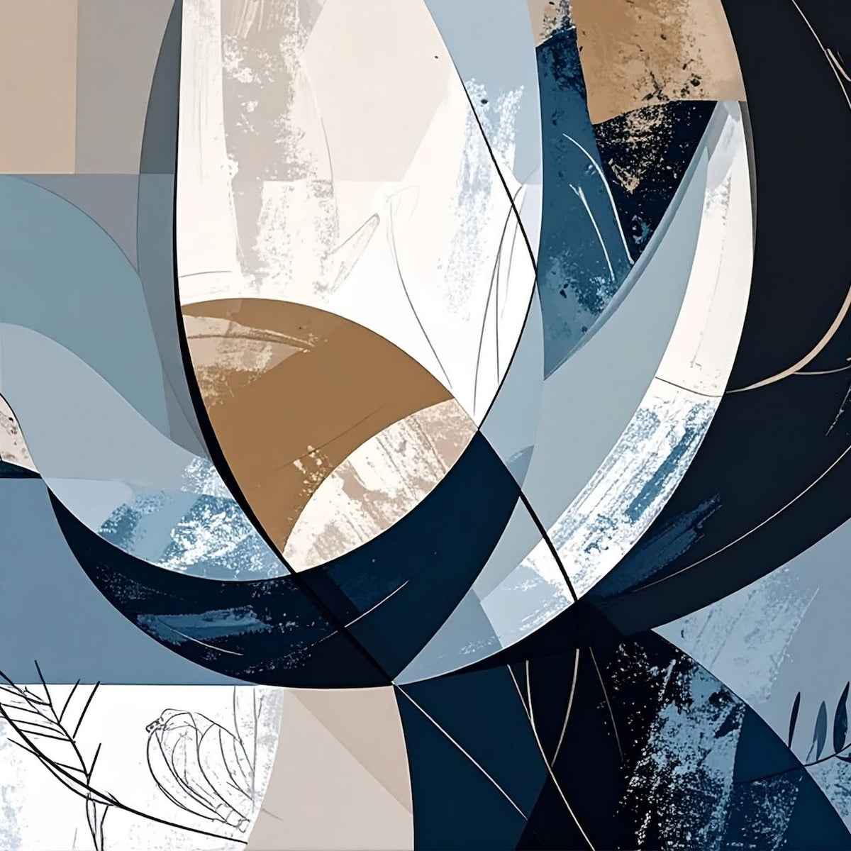 Evening Flight by Rosalie Powell, contemporary abstract botanical artwork featuring layered navy forms, soft neutrals and flowing organic shapes inspired by flight and movement.