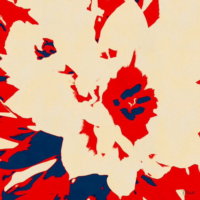 Abstract floral painting in bold red, navy, and cream tones. Petal-like shapes burst outward in graphic contrast, creating a vivid, modern composition.