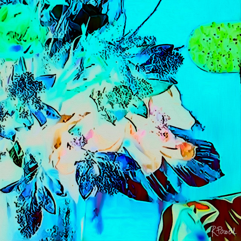Vibrant, surreal bouquet with neon blue, green, and coral tones set against a bright turquoise background , evoking a glowing, dreamlike garden.