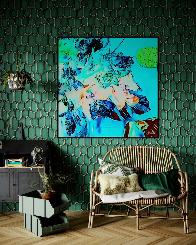 Vibrant, surreal bouquet with neon blue, green, and coral tones set against a bright turquoise background , evoking a glowing, dreamlike garden featured in an interior setting on wall