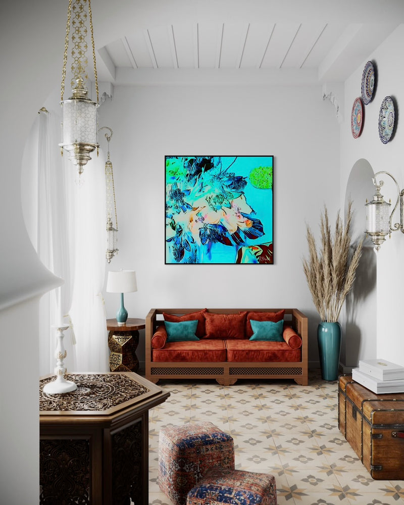 Vibrant, surreal bouquet with neon blue, green, and coral tones set against a bright turquoise background , evoking a glowing, dreamlike garden featured in an interior setting on wall