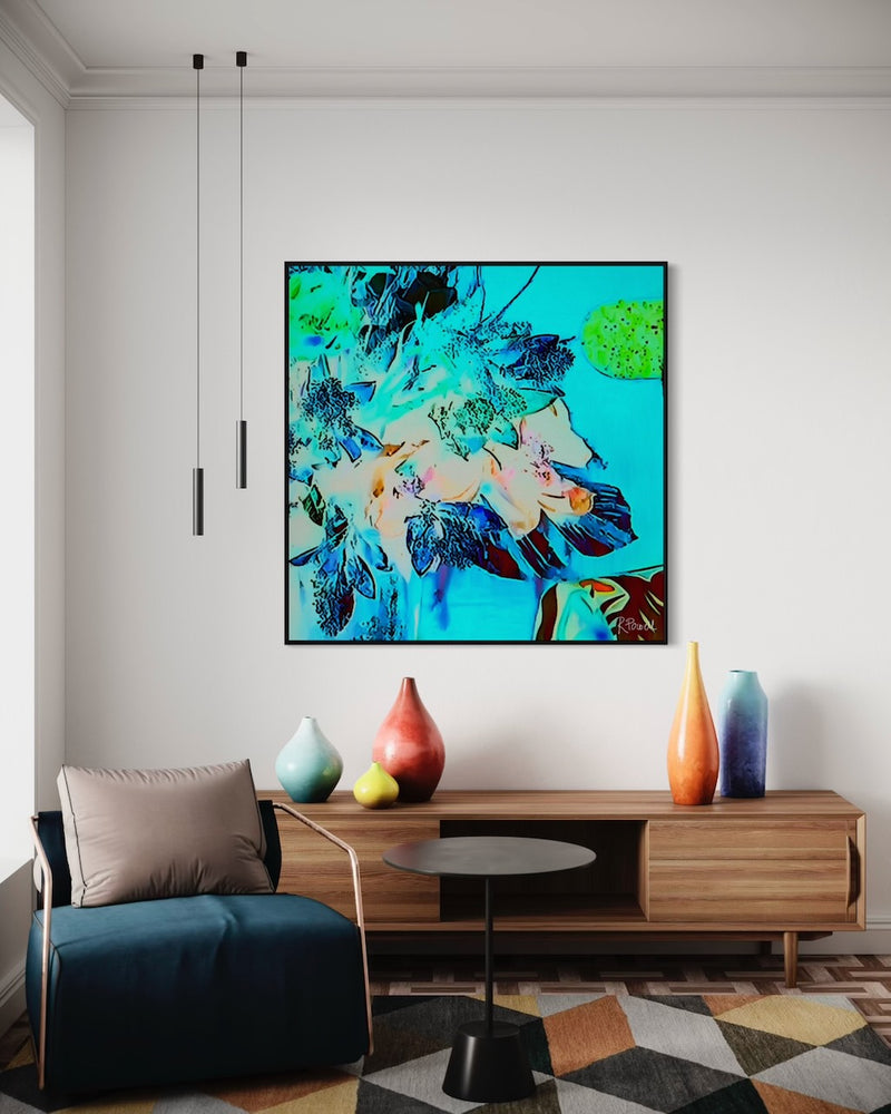 Vibrant, surreal bouquet with neon blue, green, and coral tones set against a bright turquoise background , evoking a glowing, dreamlike garden featured in an interior setting on wall