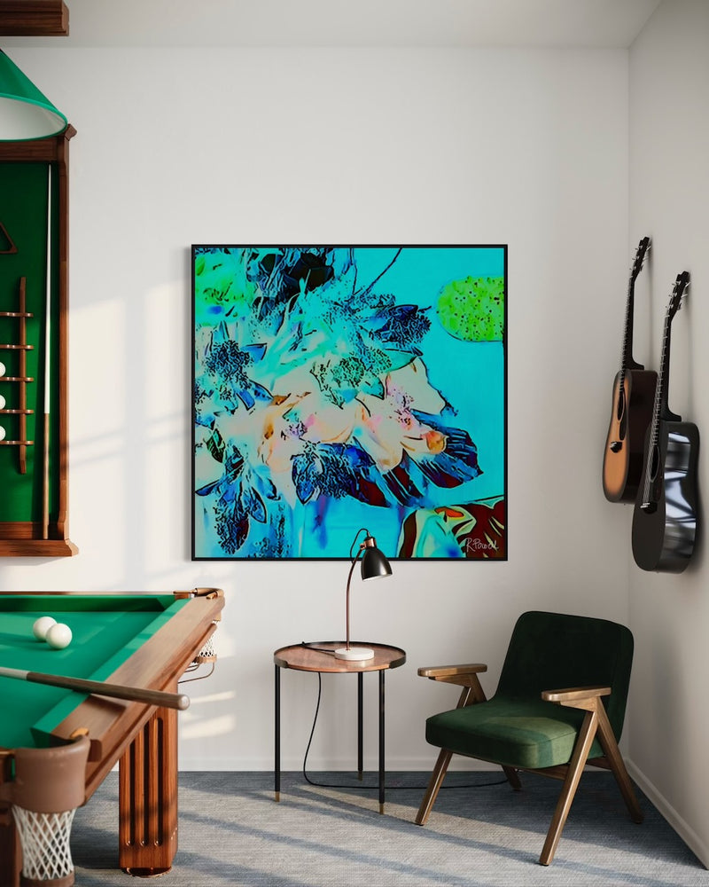 Vibrant, surreal bouquet with neon blue, green, and coral tones set against a bright turquoise background , evoking a glowing, dreamlike garden featured in an interior setting on wall