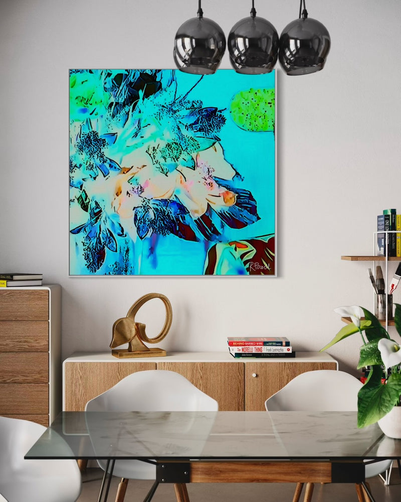 Vibrant, surreal bouquet with neon blue, green, and coral tones set against a bright turquoise background , evoking a glowing, dreamlike garden featured in an interior setting on wall