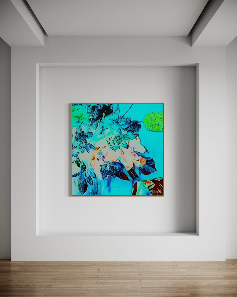Vibrant, surreal bouquet with neon blue, green, and coral tones set against a bright turquoise background , evoking a glowing, dreamlike garden featured in an interior setting on wall