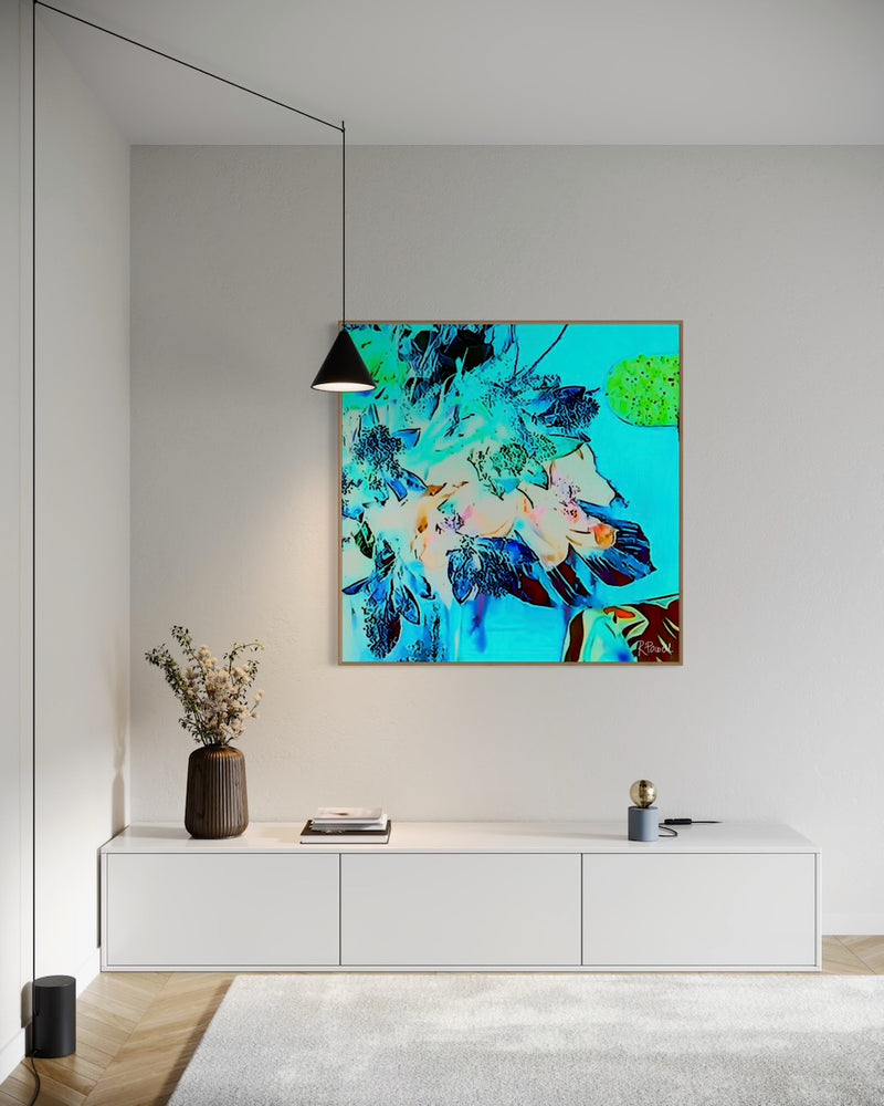 Vibrant, surreal bouquet with neon blue, green, and coral tones set against a bright turquoise background , evoking a glowing, dreamlike garden featured in an interior setting on wall