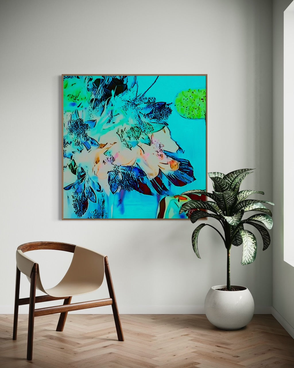 Vibrant, surreal bouquet with neon blue, green, and coral tones set against a bright turquoise background , evoking a glowing, dreamlike garden featured in an interior setting on wall