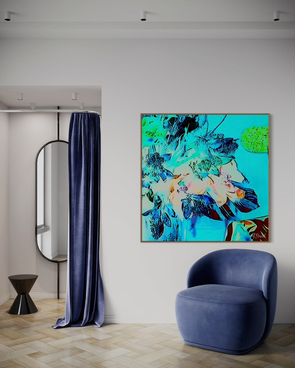 Vibrant, surreal bouquet with neon blue, green, and coral tones set against a bright turquoise background , evoking a glowing, dreamlike garden featured in an interior setting on wall