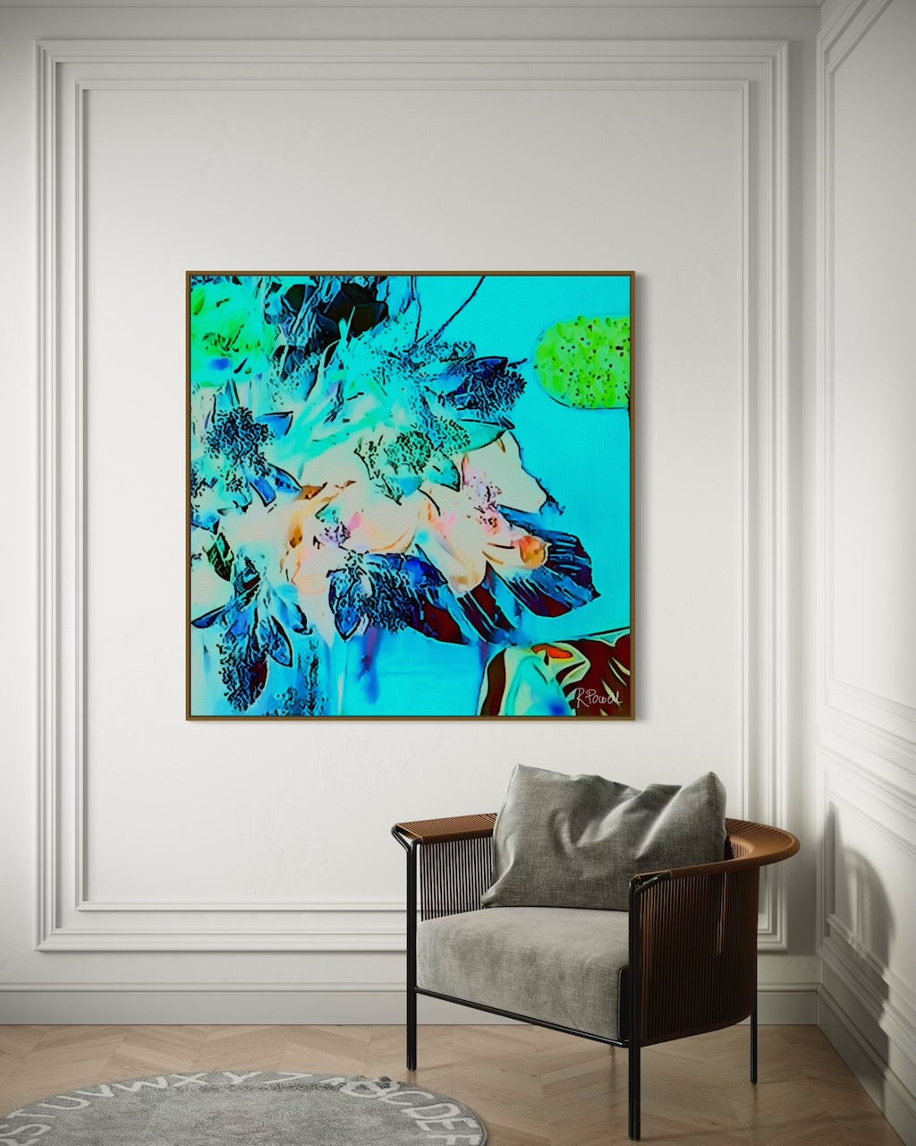 Vibrant, surreal bouquet with neon blue, green, and coral tones set against a bright turquoise background , evoking a glowing, dreamlike garden featured in an interior setting on wall