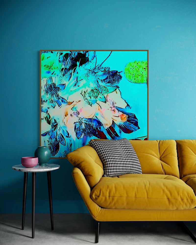 Vibrant, surreal bouquet with neon blue, green, and coral tones set against a bright turquoise background , evoking a glowing, dreamlike garden featured in an interior setting on wall