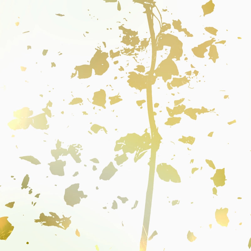 Minimalist golden plant stem with scattered abstract leaves on a white textured background, evoking lightness and delicate movement.