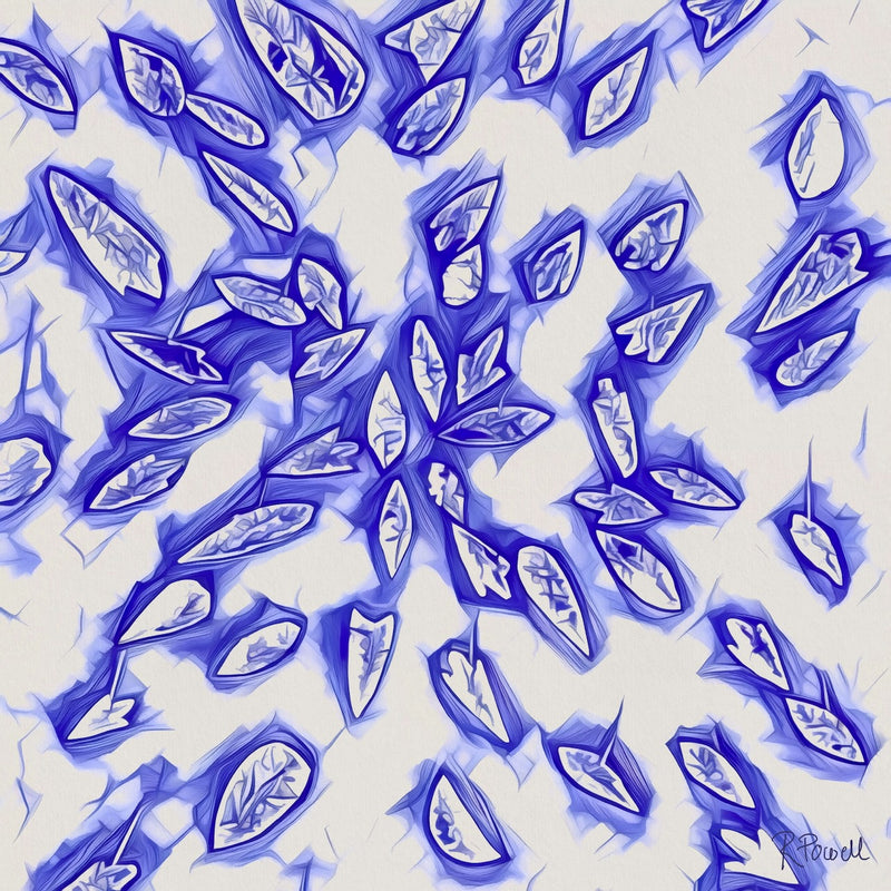 Abstract composition of blue-outlined petal shapes on a pale background, arranged in flowing patterns that suggest movement and fragility.