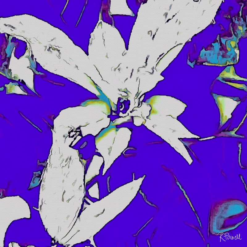 White lily with dark outlines and hints of neon tones set against a deep ultraviolet-blue background, creating a vibrant, high-contrast floral composition.