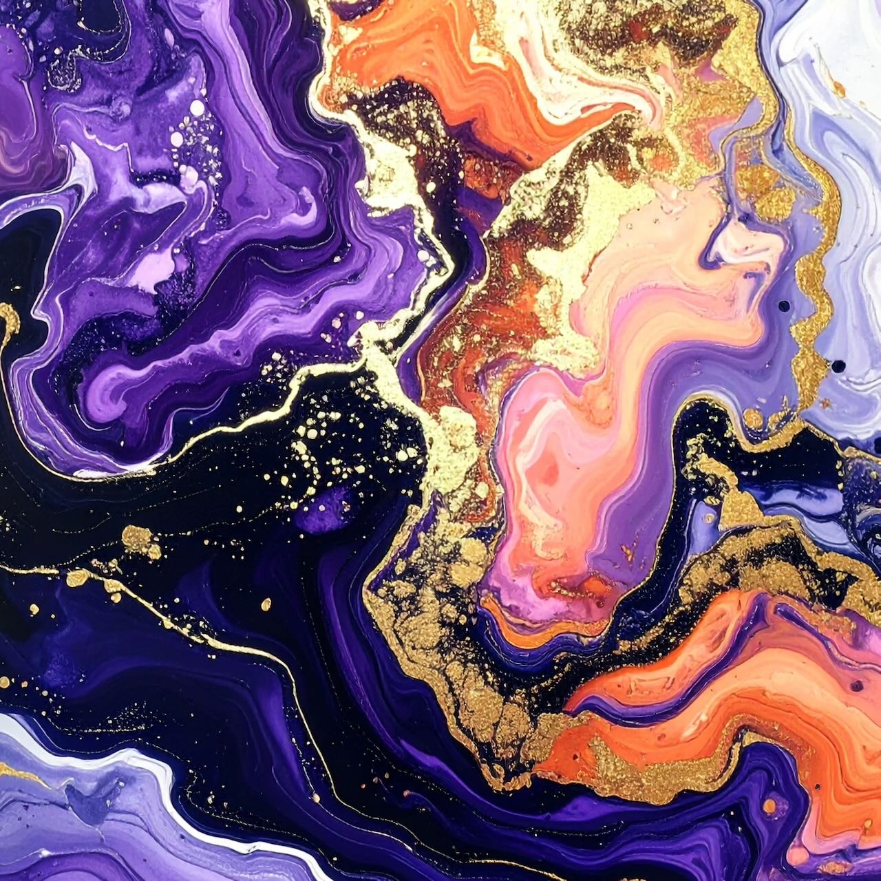 Golden Goddess by Rosalie Powell, contemporary abstract artwork featuring flowing violet, coral and gold forms with a subtle feminine profile emerging from luminous swirling textures.