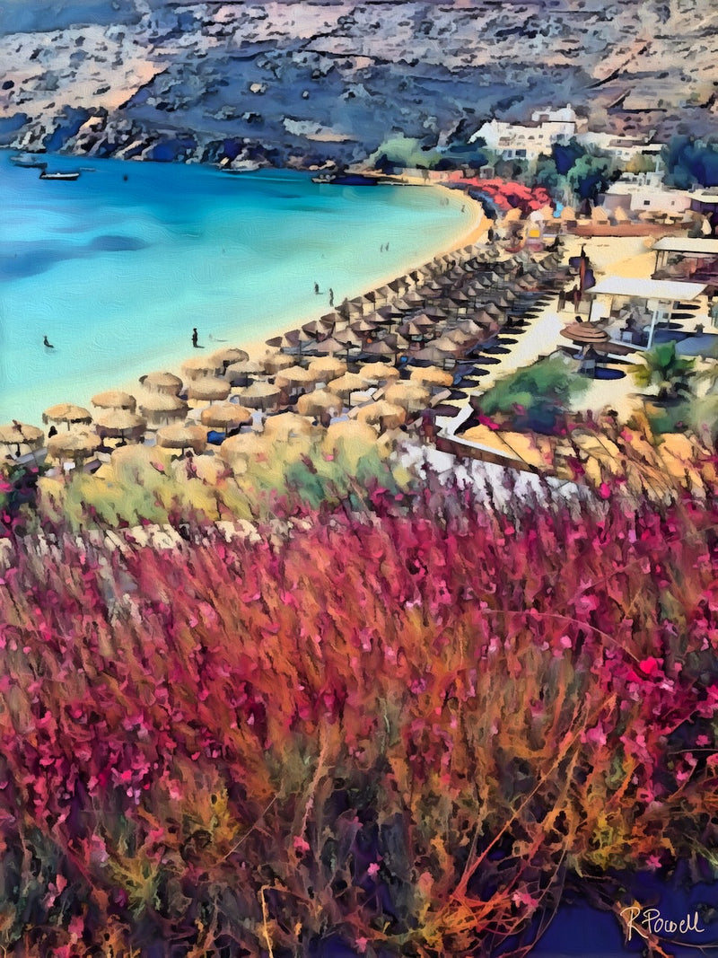 Wild pink flowers overlooking a Greek beach lined with straw umbrellas and turquoise water. Artwork by Rosalie Powell.