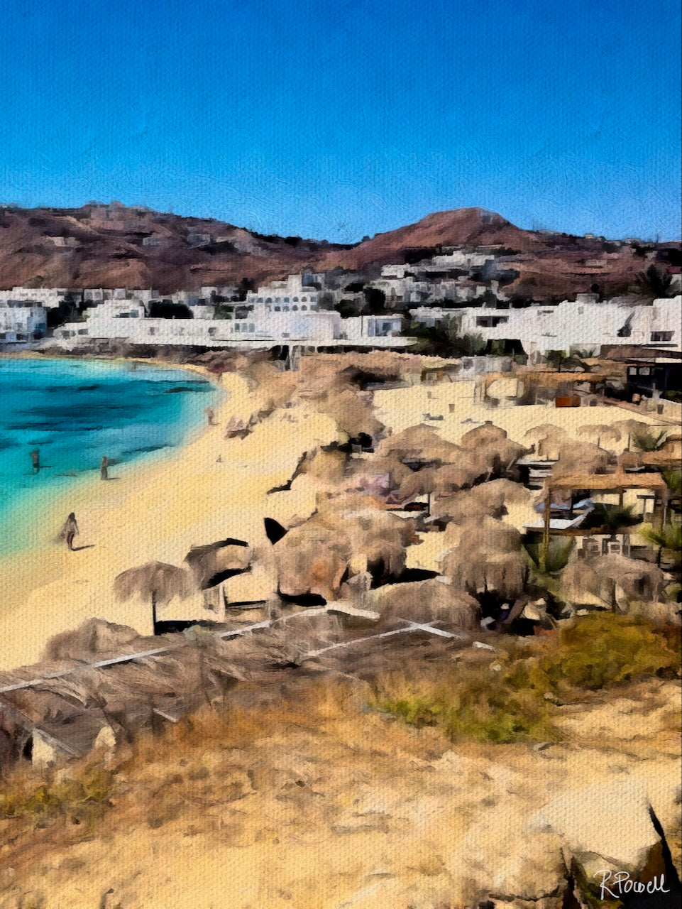 Thatched beach umbrellas on golden sand along the Mykonos coastline with white buildings and hills in the distance. Artwork by Rosalie Powell.