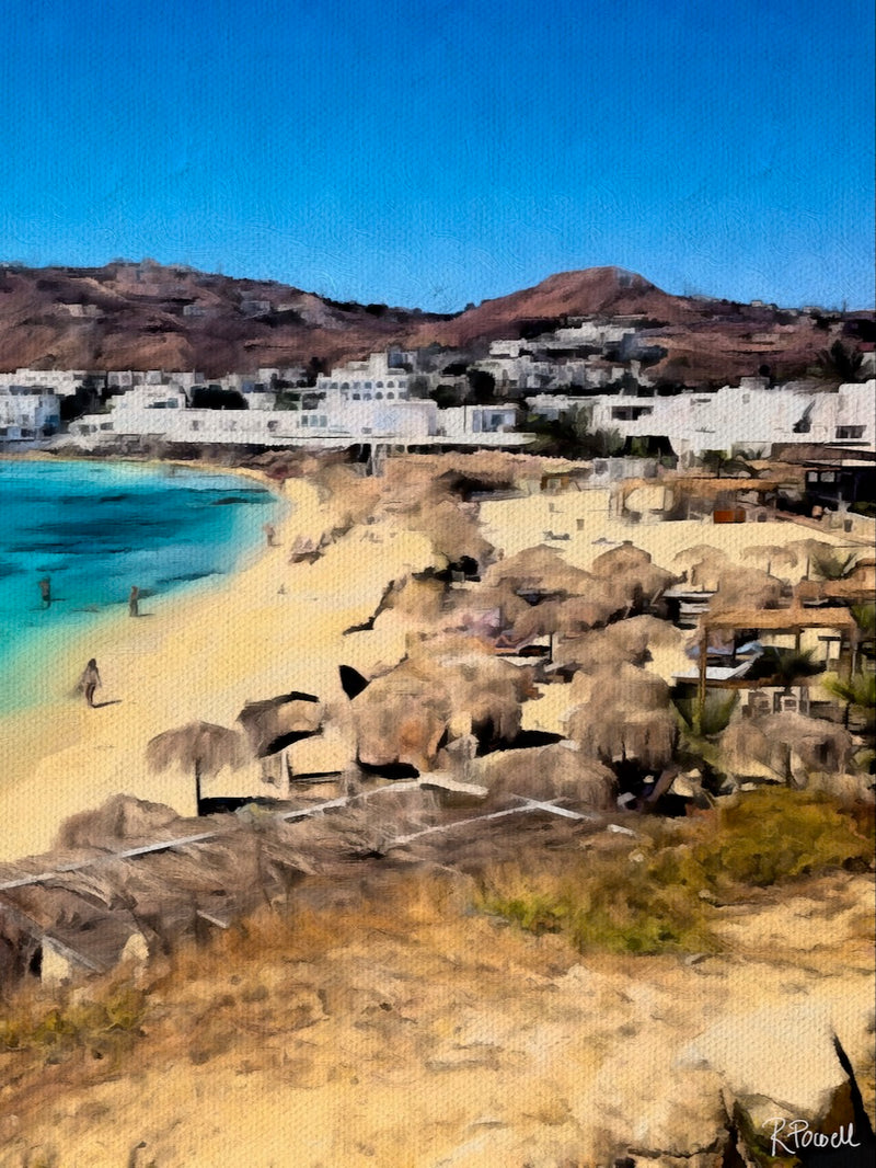 Thatched beach umbrellas on golden sand along the Mykonos coastline with white buildings and hills in the distance. Artwork by Rosalie Powell.