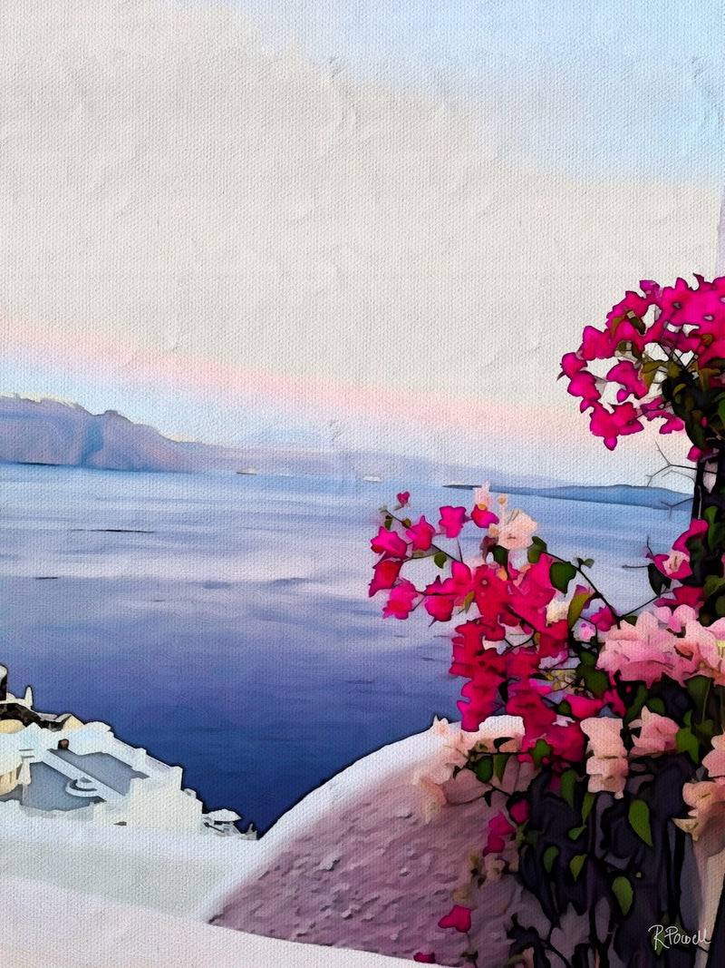 Bright pink bougainvillea flowers in front of whitewashed buildings, overlooking the blue sea and sky in Santorini. Artwork by Rosalie Powell.
