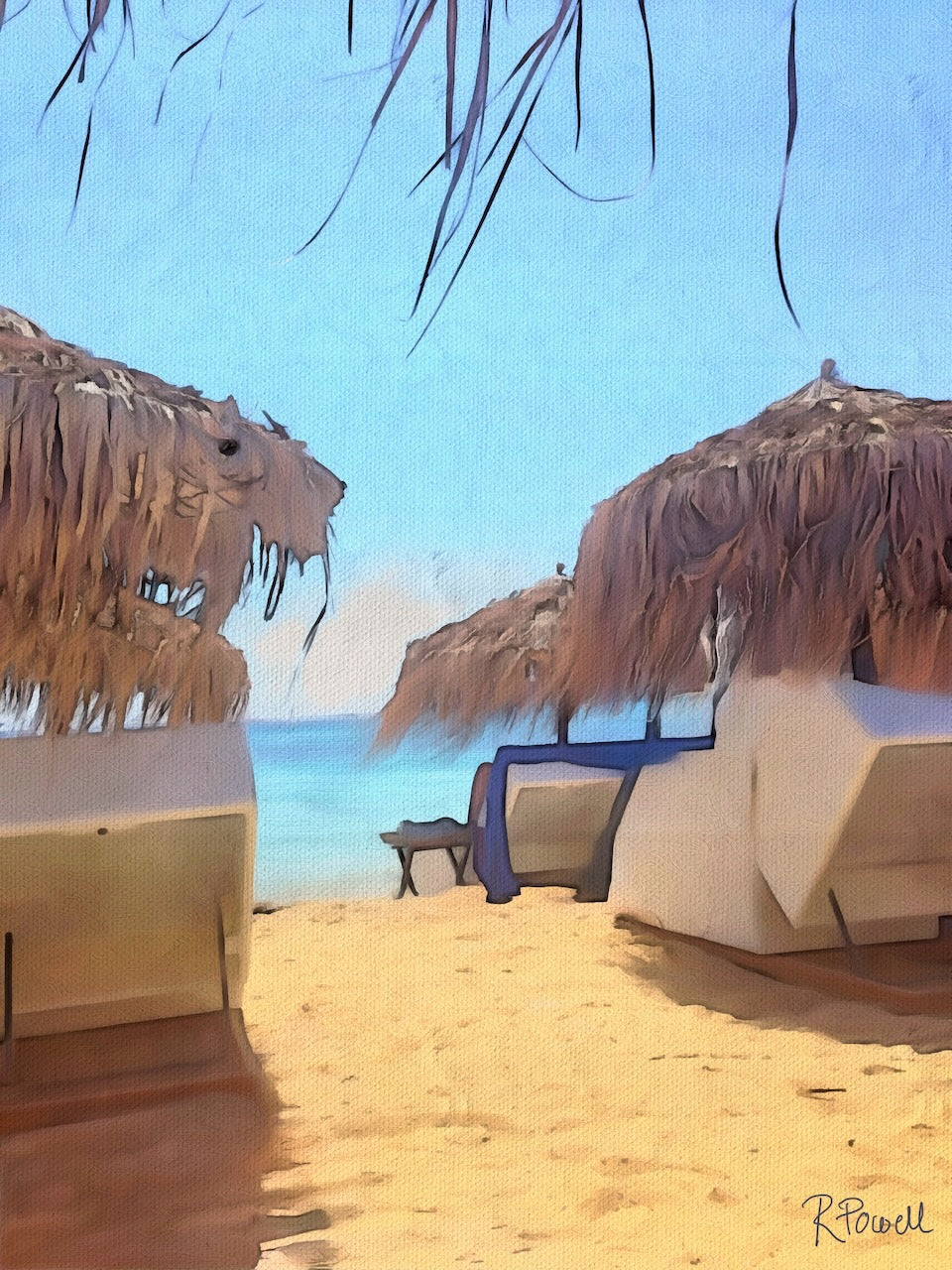 Beach loungers and thatched umbrellas on a sandy Mykonos shore, with a view of the calm blue sea. Artwork by Rosalie Powell.