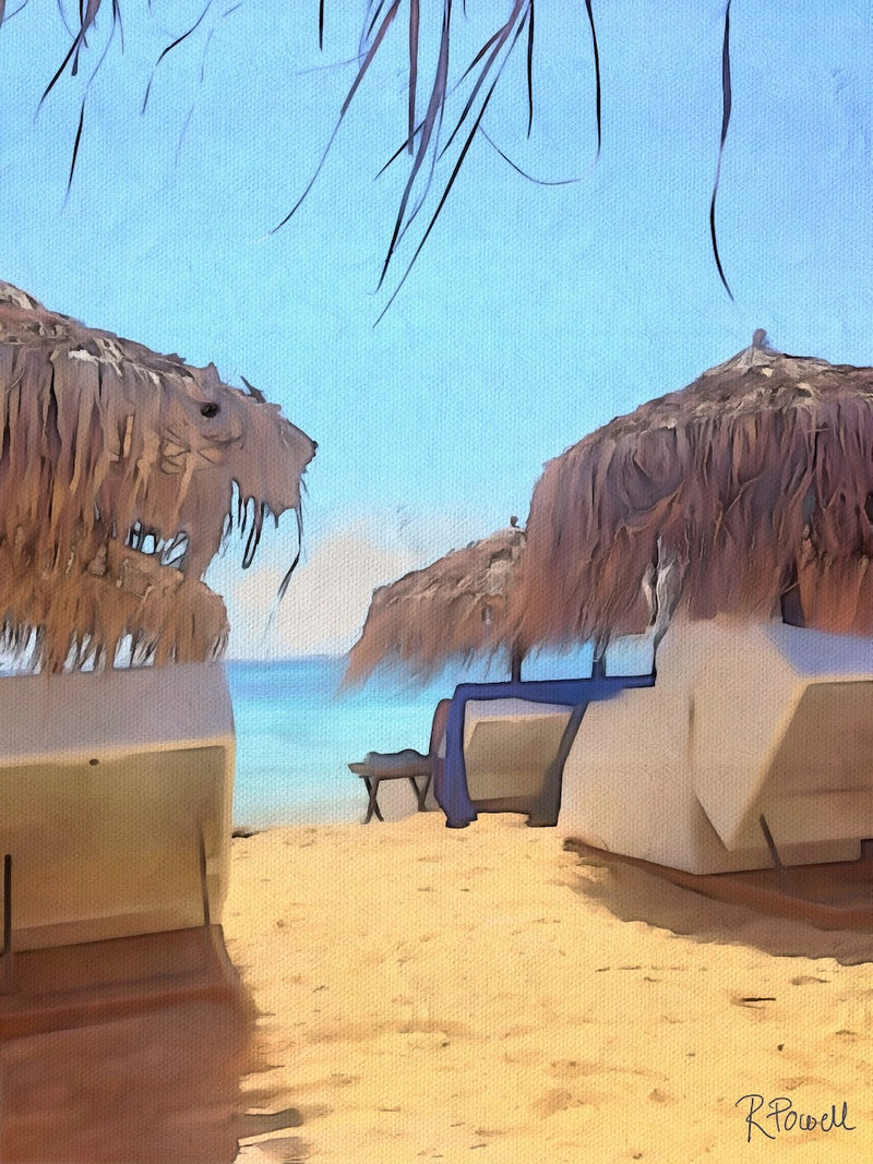 Beach loungers and thatched umbrellas on a sandy Mykonos shore, with a view of the calm blue sea. Artwork by Rosalie Powell.