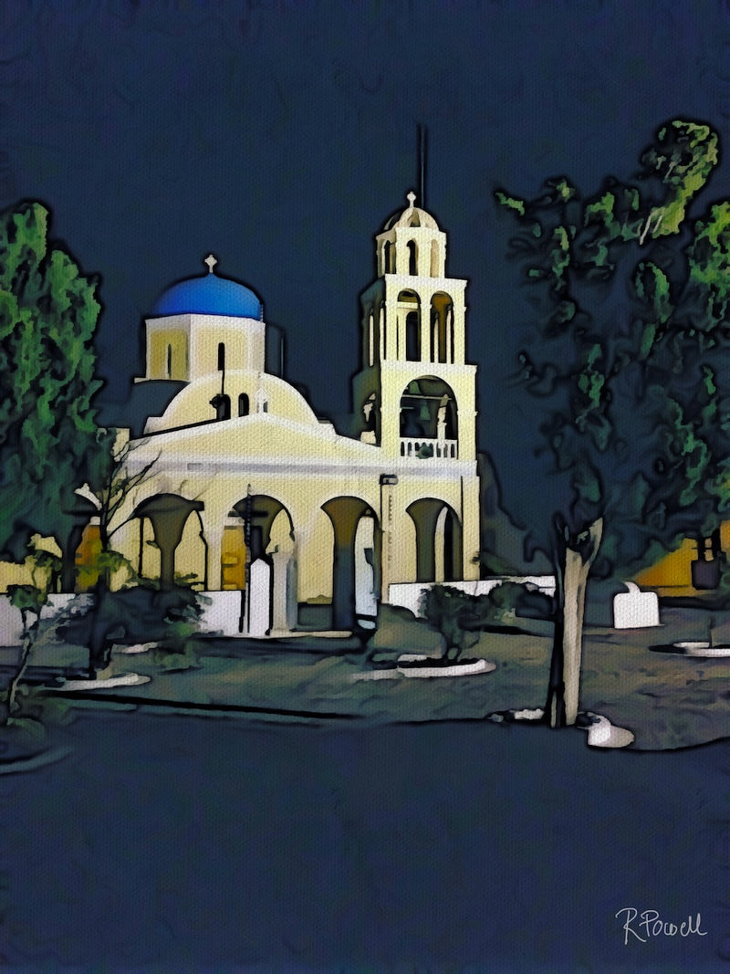Whitewashed church with a blue dome in Santorini, softly lit at night against a dark sky. Artwork by Rosalie Powell.