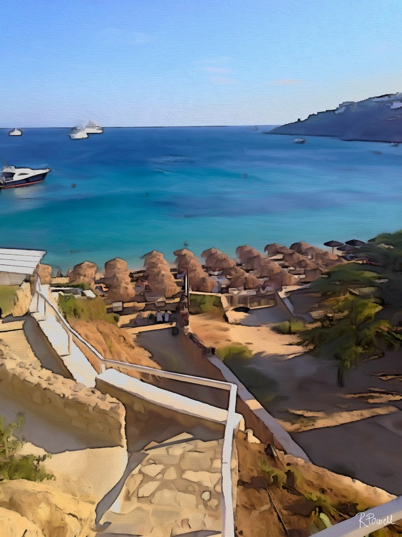 Stone steps leading down to a Mykonos beach with straw umbrellas and boats on the turquoise sea. Artwork by Rosalie Powell.