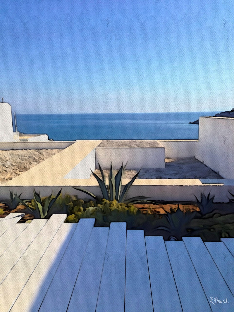 Whitewashed terrace with agave plants overlooking the calm Aegean Sea. Artwork by Rosalie Powell.