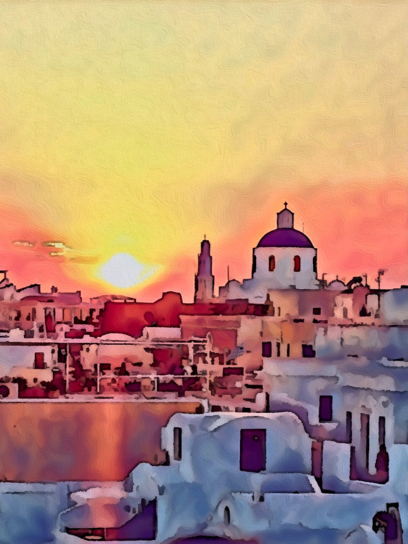 Sun setting over white Cycladic buildings and a domed church in Santorini. Artwork by Rosalie Powell.