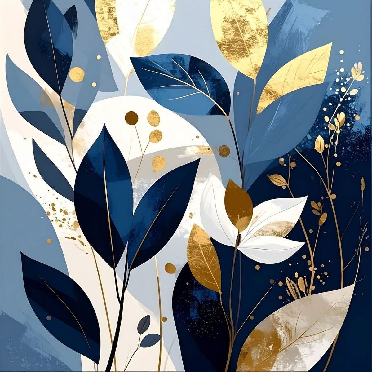 Indigo Luxe by Rosalie Powell, contemporary botanical artwork featuring layered indigo foliage, soft ivory tones and elegant gold accents in a luxury abstract composition.