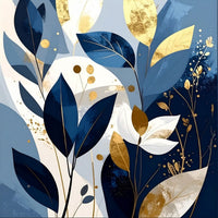 Indigo Luxe by Rosalie Powell, contemporary botanical artwork featuring layered indigo foliage, soft ivory tones and elegant gold accents in a luxury abstract composition.