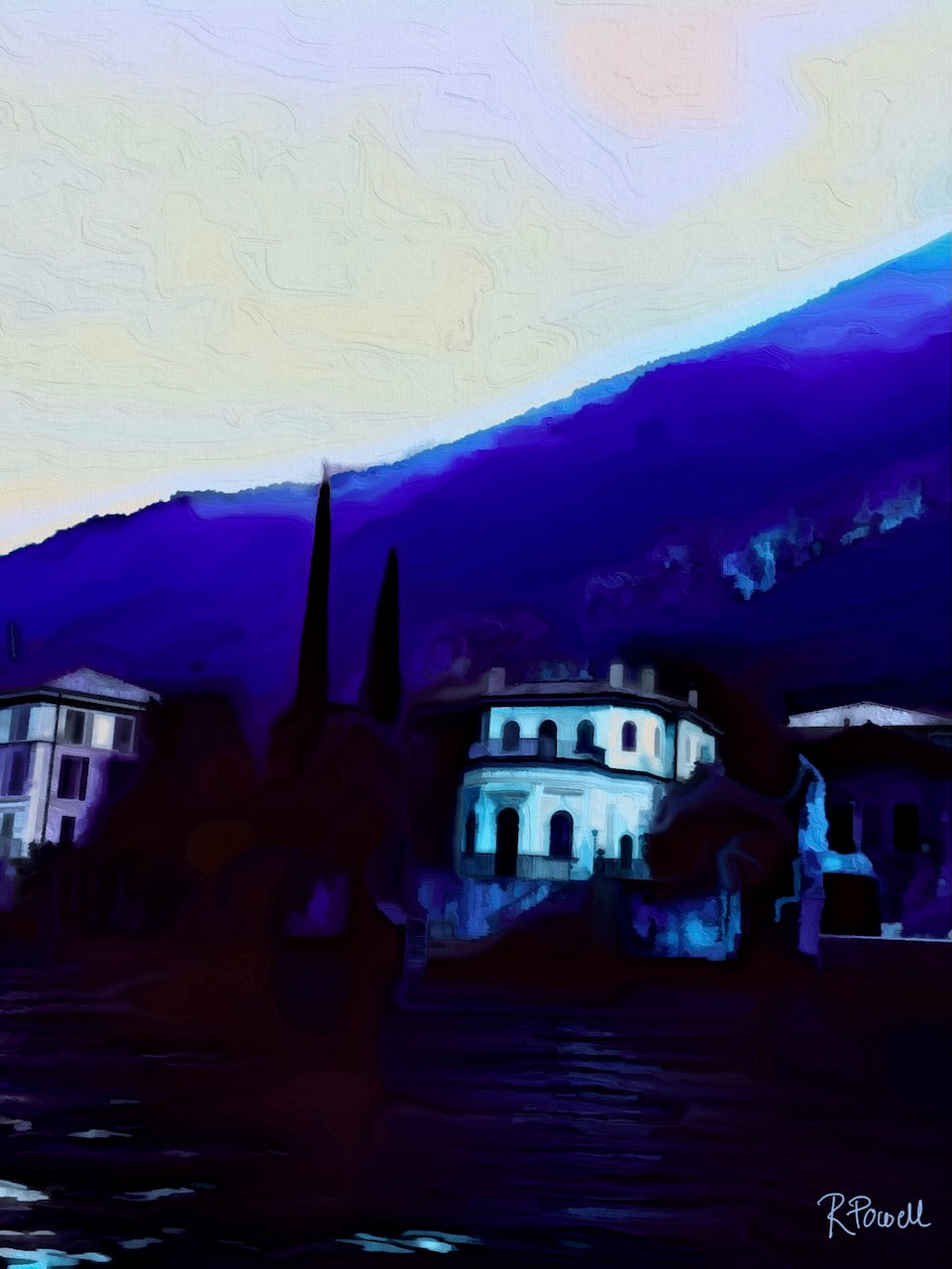 Elegant lakefront villas with cypress trees at dusk, backed by deep blue Italian mountains. Artwork by Rosalie Powell.
