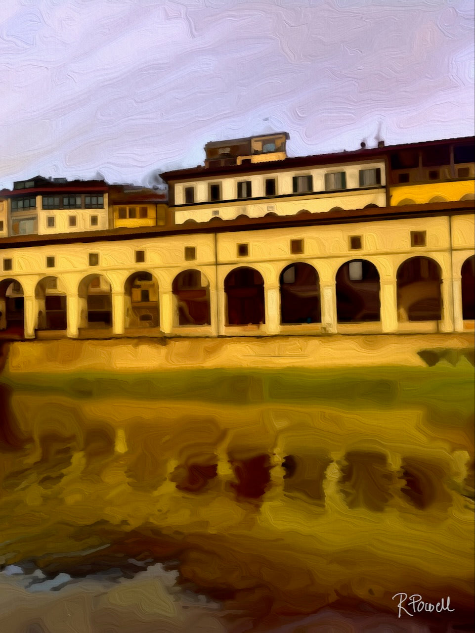 Florentine buildings with arched colonnades reflecting on the Arno River. Artwork by Rosalie Powell.