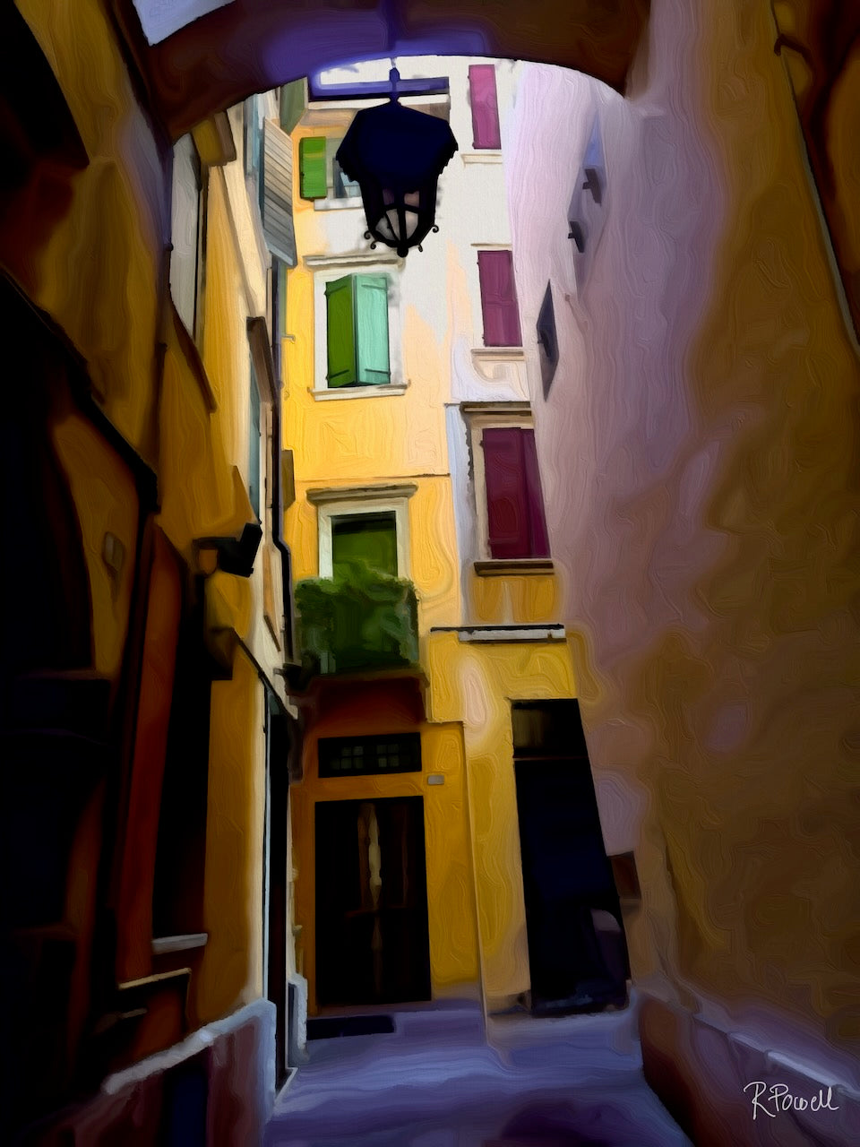 Narrow Italian alleyway with colourful shutters, arched lantern, and warm yellow walls. Artwork by Rosalie Powell.