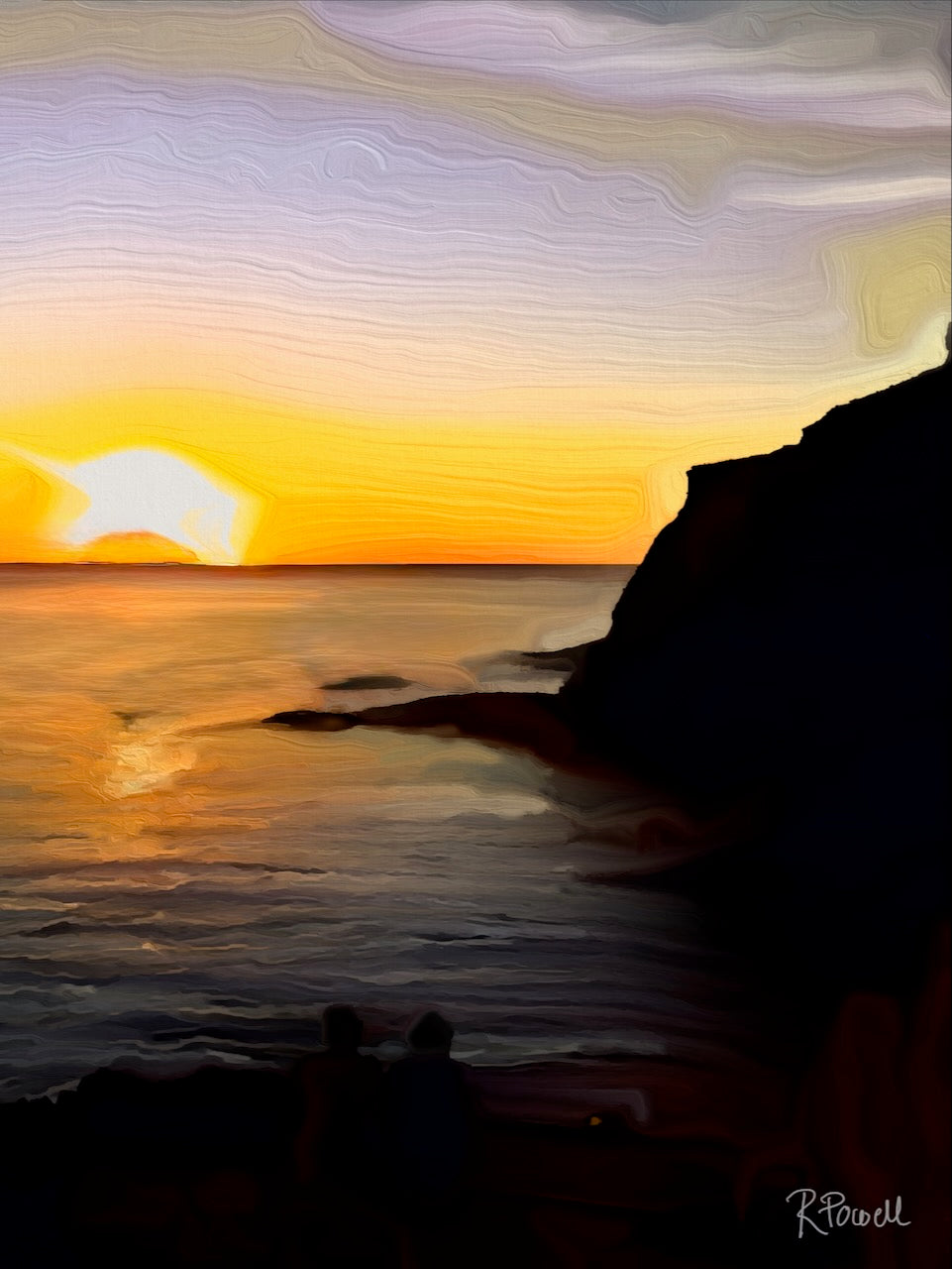 Golden sunset over the sea in Pollara, Salina, with cliffs and two silhouetted figures watching from the shore. Artwork by Rosalie Powell.