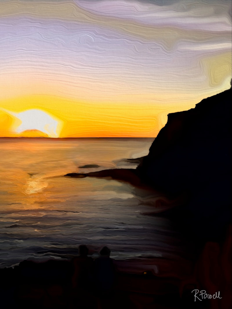 Golden sunset over the sea in Pollara, Salina, with cliffs and two silhouetted figures watching from the shore. Artwork by Rosalie Powell.