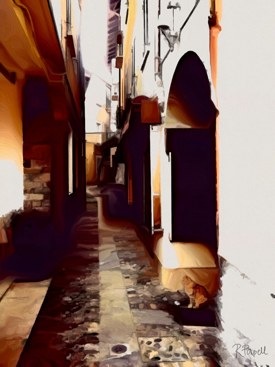 Narrow Italian alleyway with cobblestone path, light and shadow, and a small ginger cat in the corner. Artwork by Rosalie Powell.