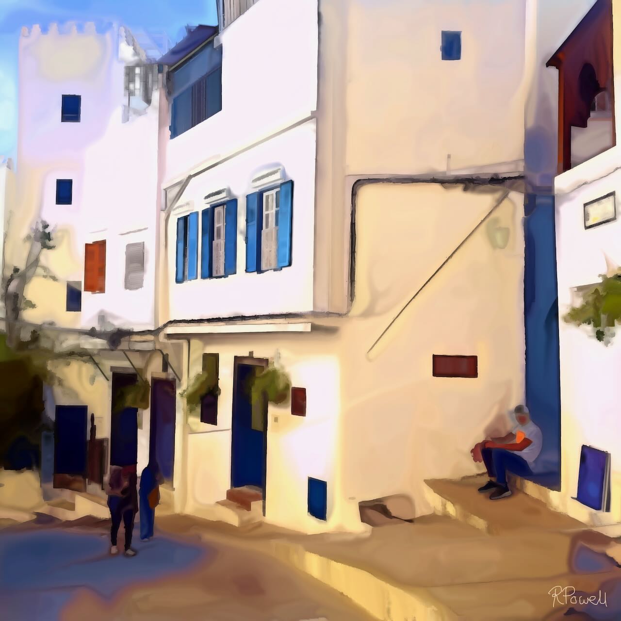 Painting of white Moroccan houses with blue windows and doors, and people scattered in a peaceful street corner. The following images show the same artwork displayed in different interior settings.