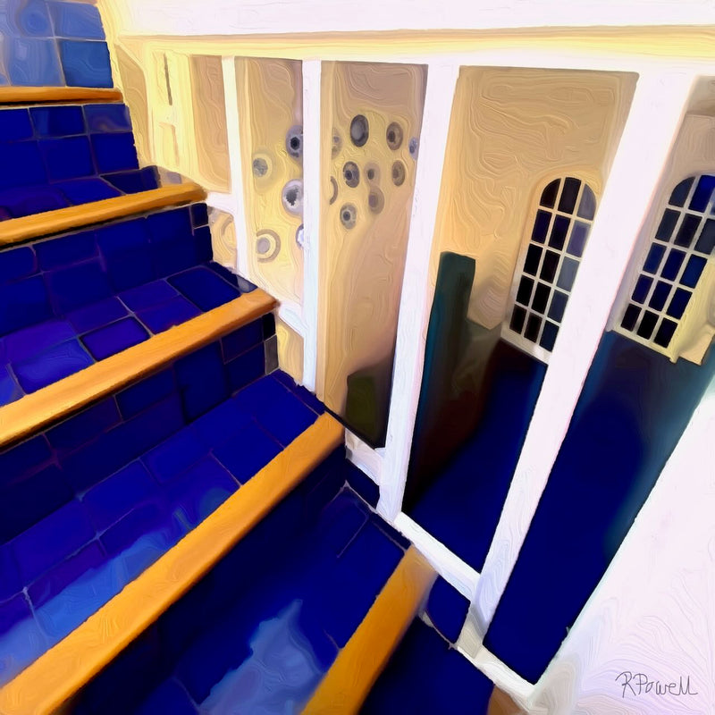 Painting of blue-tiled stairs with wooden edges inside a white and yellow building, featuring glass windows and circular wall decor. The following images show the same artwork displayed in different interior settings.