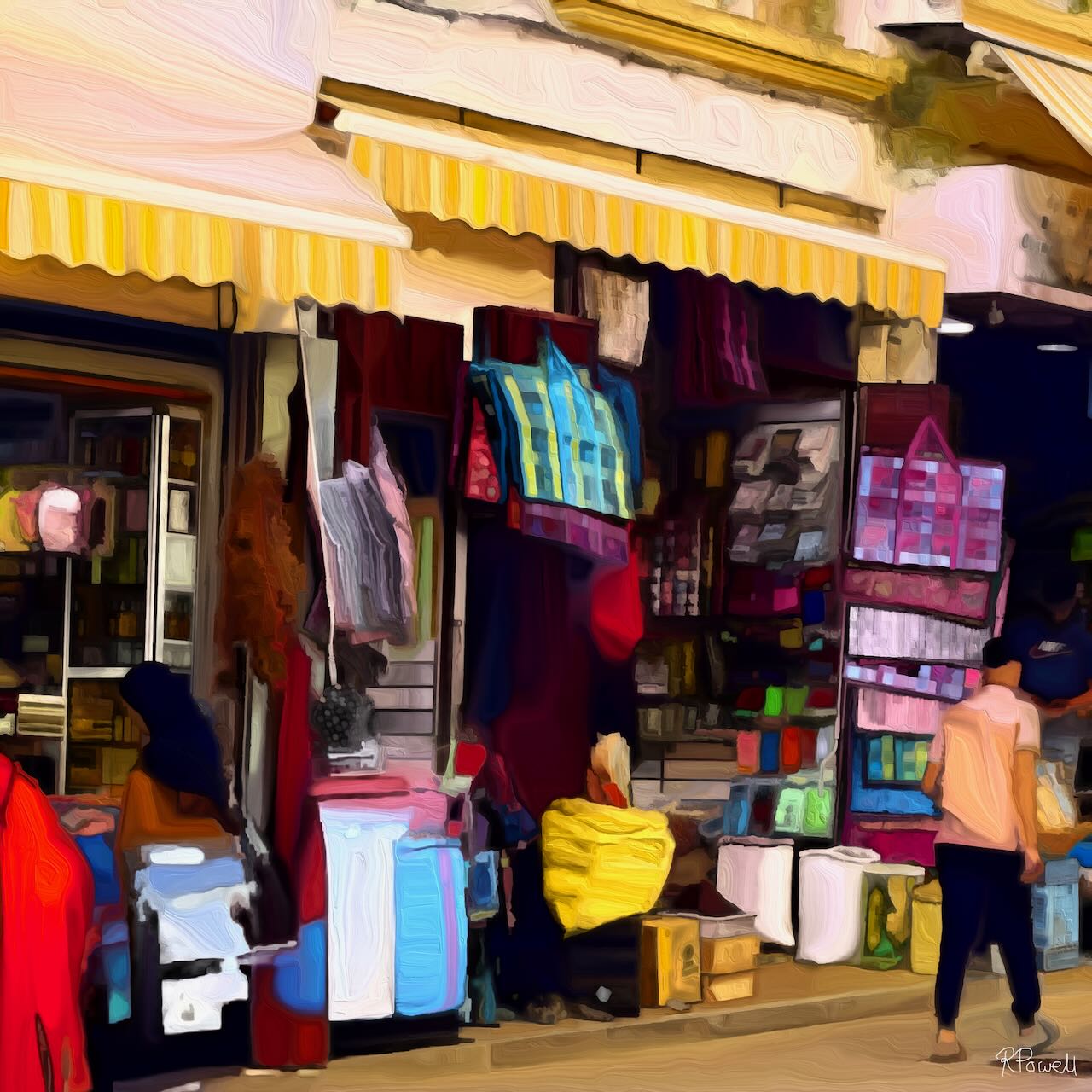 Painting of a Moroccan street stall filled with colorful goods under a yellow awning, with people shopping and walking past. The following images show the same artwork displayed in different interior settings.
