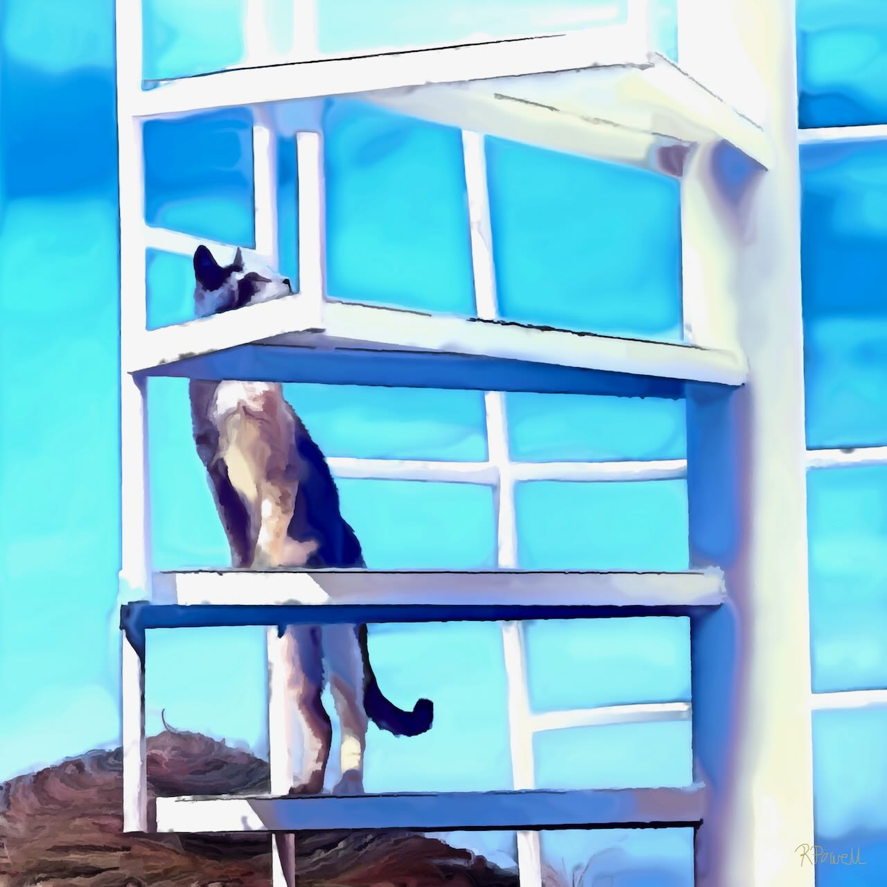 Painting of a cat standing on a white modern staircase, looking up toward the sky, with bright blue glass windows in the background.The following images show the same artwork displayed in different interior settings.